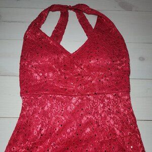 Sequin Maxi Dress Floral Red Lace Strappy Party Gown